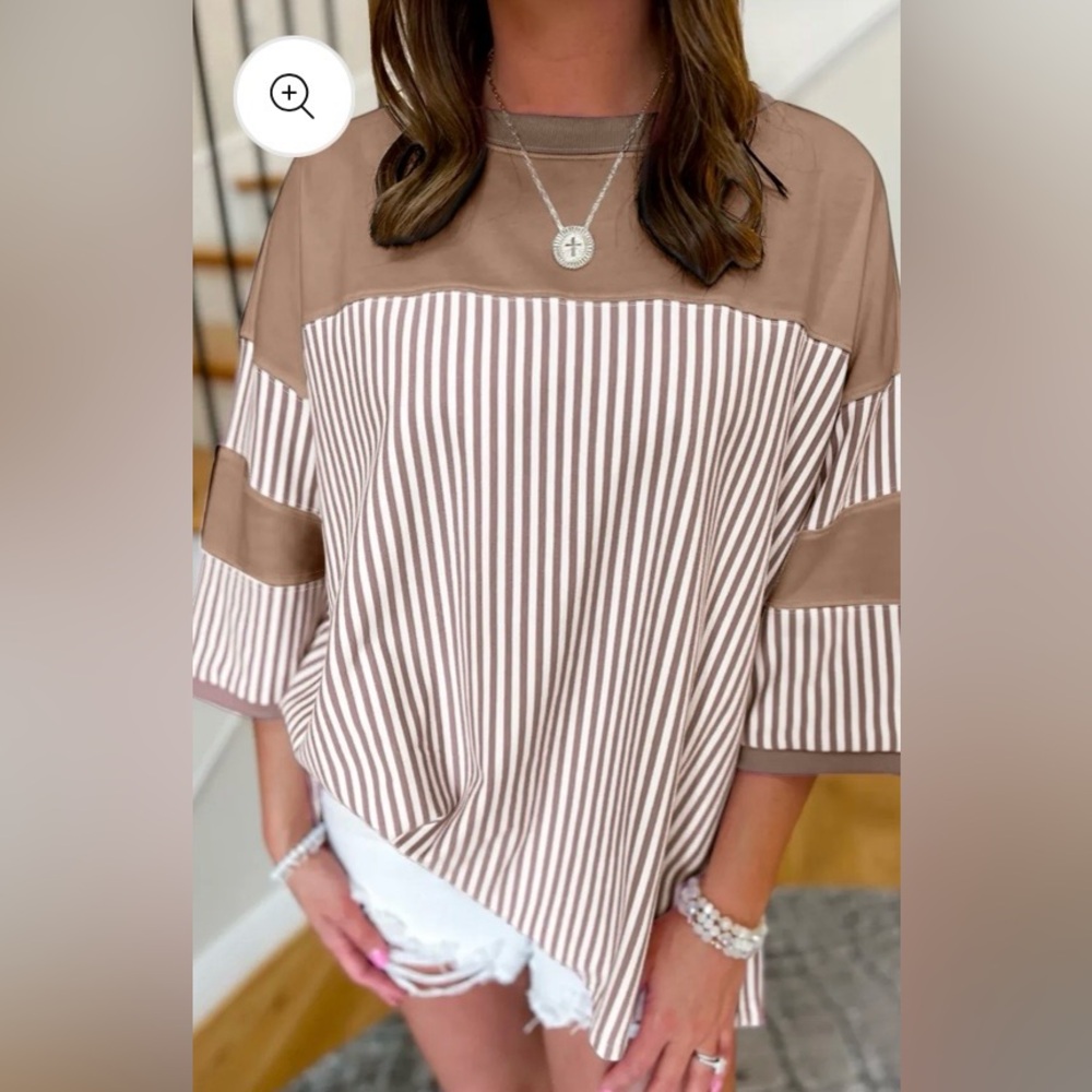 New Liam & Co Boutique Mocha and White Striped Patchwork Oversized Tee XL